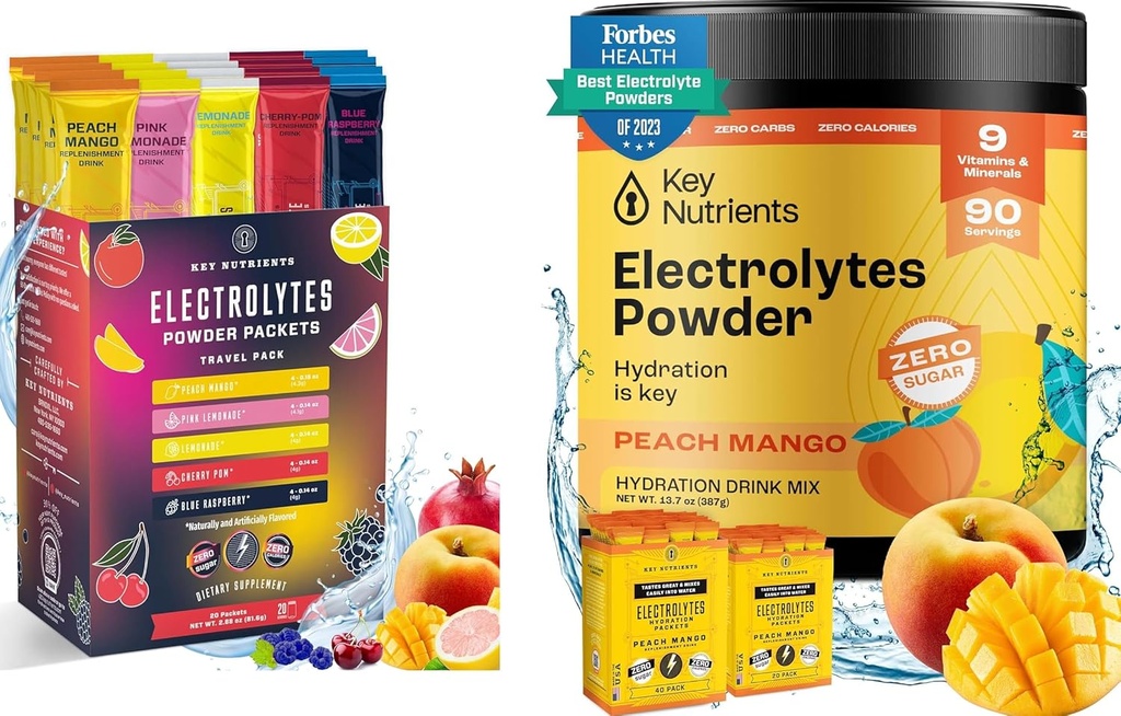 NUTRIENTS CLÉS Hydratation ultime et duo multivitaminique : 20-paquets Variété 5 Arômes + 90-Serving Tropical Peach Mango Electrolytes Poudre