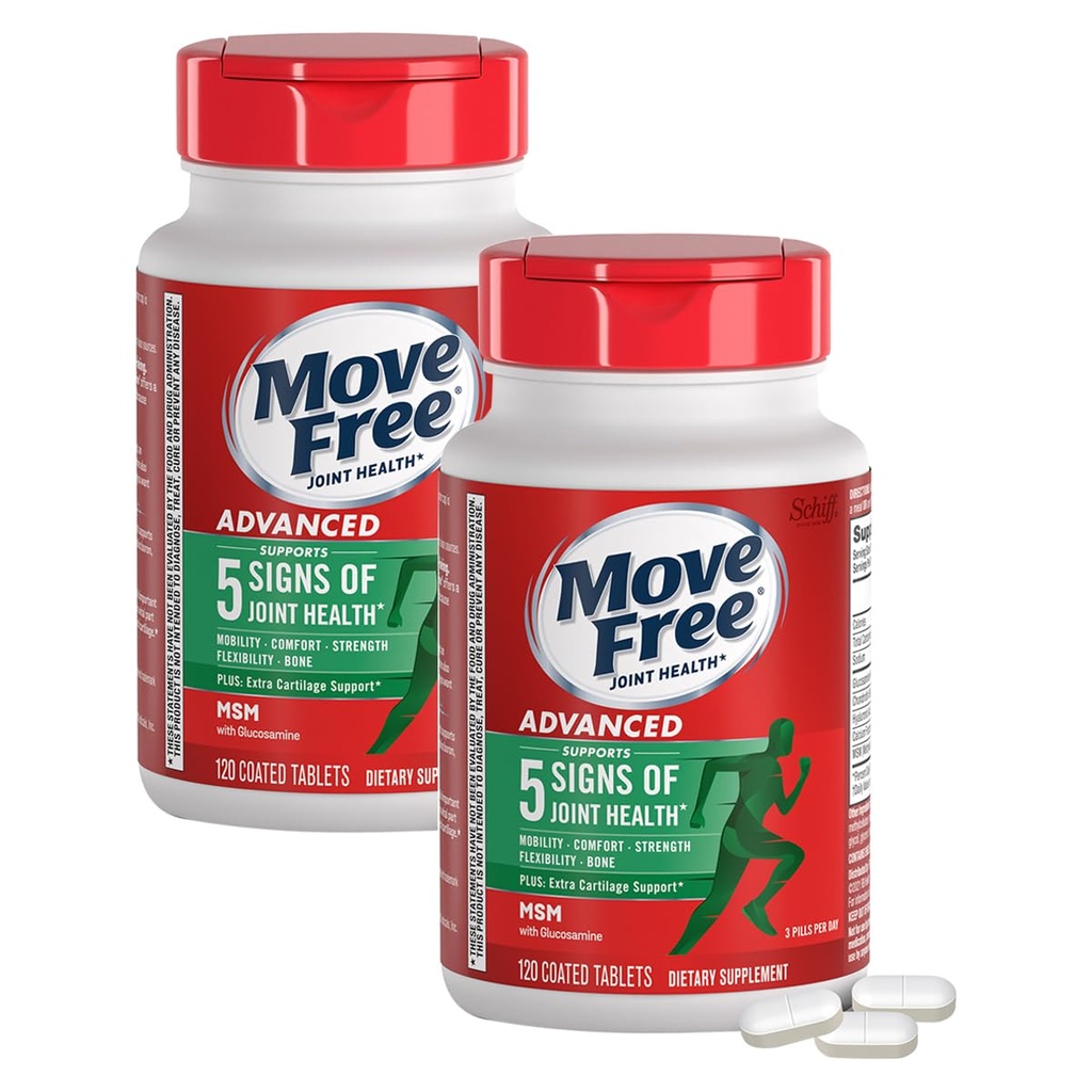 Move Free Advanced Plus Comprimés enrobés MSM, supplément santé mixte avec la glucosamine et la chondroïtine, 120 Compte, paquet de 2