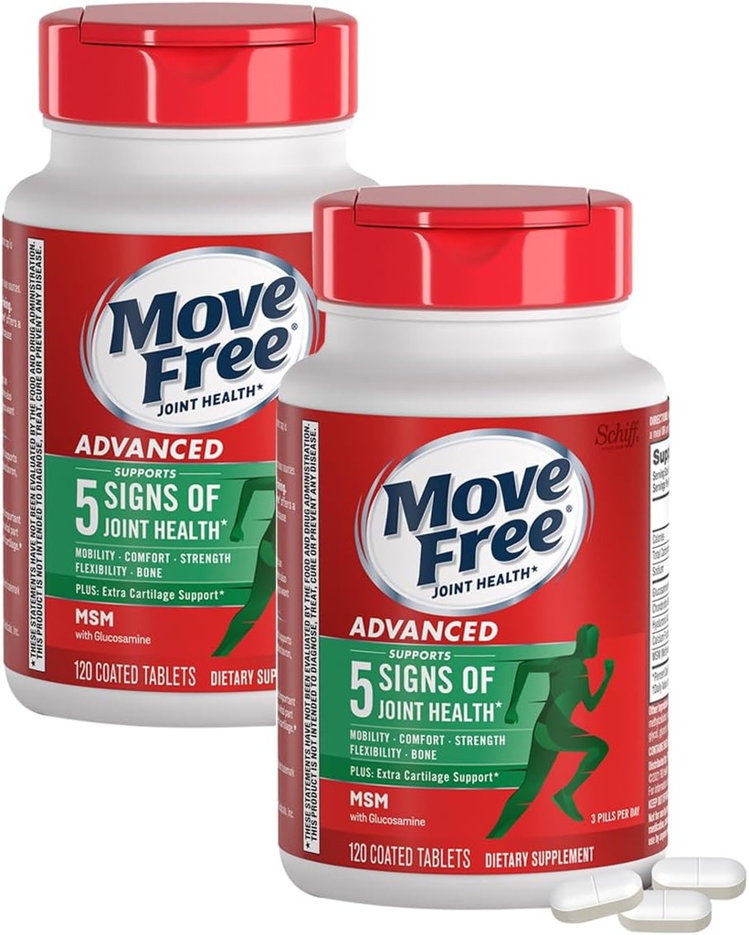 Move Free Advanced Plus Comprimés enrobés MSM, supplément santé mixte avec la glucosamine et la chondroïtine, 120 Compte, paquet de 2