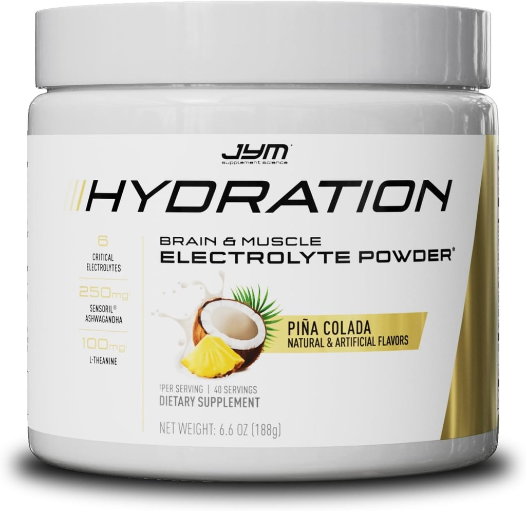 JYM Hydratation Pina Colada Poudre, Electrolytes Performance, Potassium, Sodium, Magnésium, pour hommes et femmes, Theanine, Ashwaghanda, Theanine, 40 portions