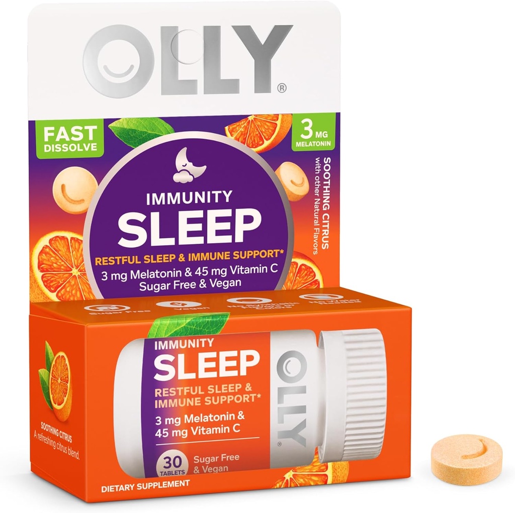OLLY Immunity Dormez rapidement Dissolves, 3 mg de mélatonine, vitamine C, goût d'agrumes, 30 jours d'approvisionnement - 30 comte