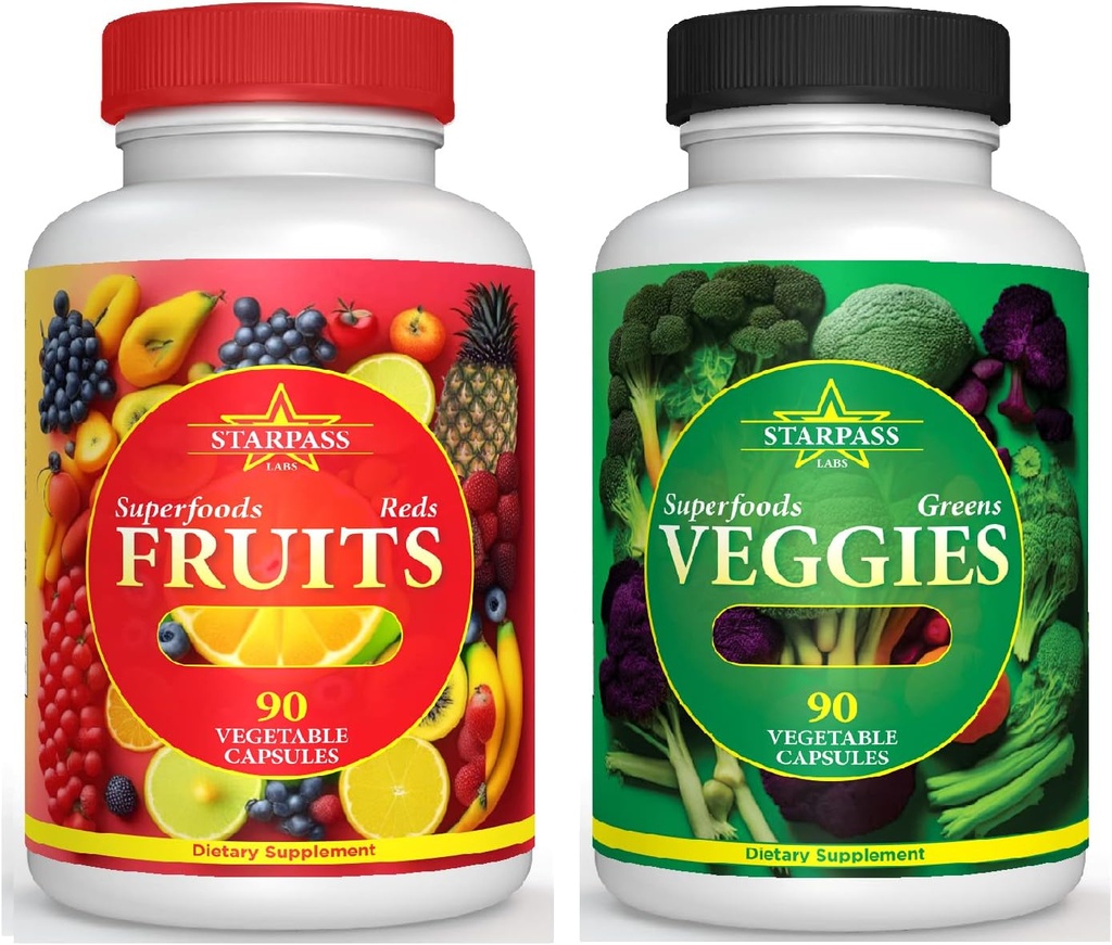 Équilibre végétarien des super-aliments Rouges Fruits et Verts Légumes végétaliens Fruits et Végétations Bilan naturel de 90 Fruits, 90 Capsules de légumes pour hommes, femmes et enfants