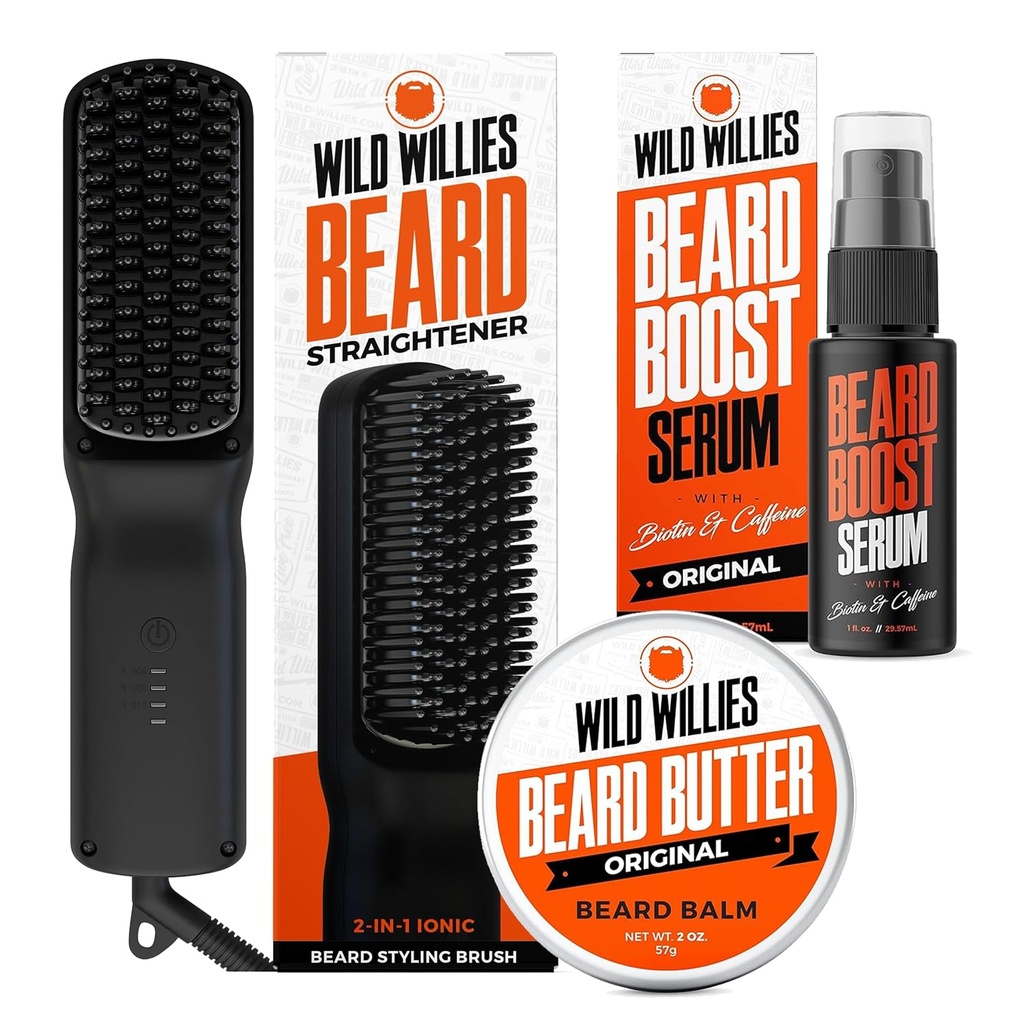 Wild Willies Kit de soins de la barbe : Lisseur de la barbe chauffée pour les hommes, beurre de la barbe, et le sérum de croissance de la barbe - Ensemble d'outils ultimes de toilettage, baume de la barbe, sérum hydratant, brosse à barbe chaude pour usage quotidien
