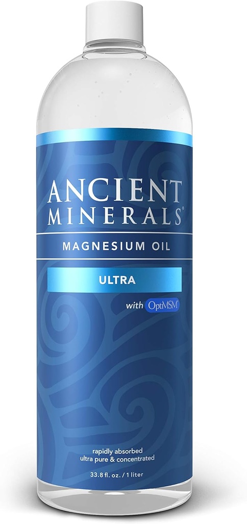 Ancient Minerals Huile de magnésium Ultra avec OptiMSM, Recharge 33,8 oz. - Supplément de chlorure de magnésium Zechstein pur avec MSM - Meilleure application de peau topique pour l'absorption cutanée