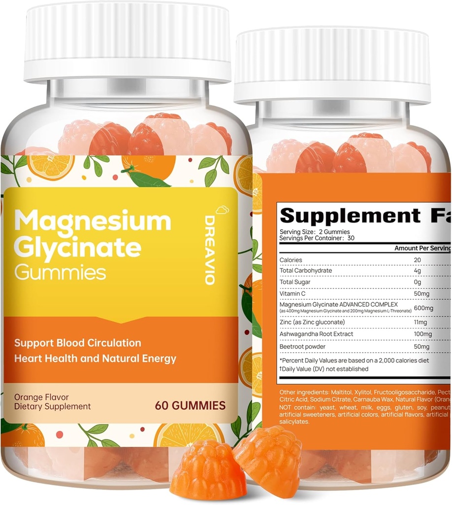 60 Compte Glycinat de magnésium Gommies 400mg w/Ashwagandha Supplément - Supplément sans sucre Zinc Glycinat de magnésium Gommies Ashwagandha pour adultes