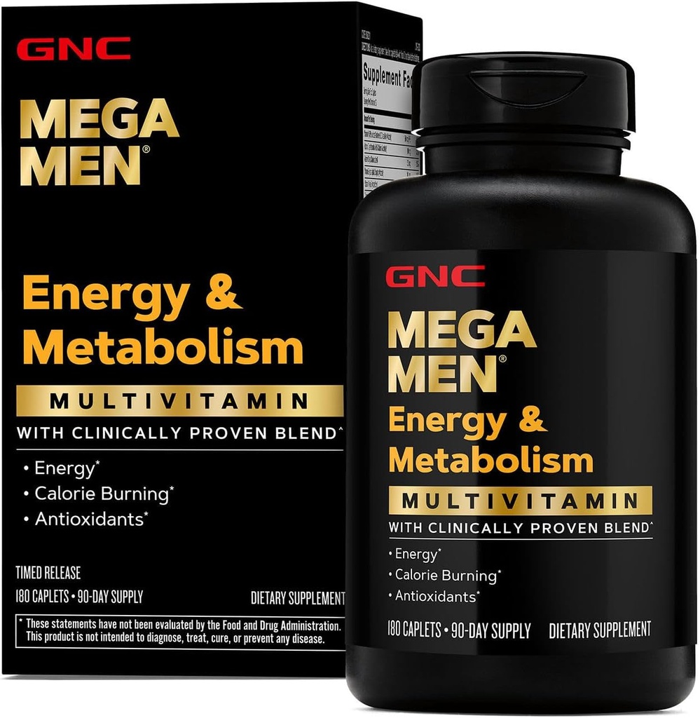 GNC Mega Hommes Énergie et métabolisme Caplets multivitamines, cliniquement prouvés pour se sentir mieux, Calorie Burn, Focus, 100mg Caféine, Thermogénique, Immune, B Vitamines, Sortie chronométrée, 180 Compte, 90 jours d'approvisionnement