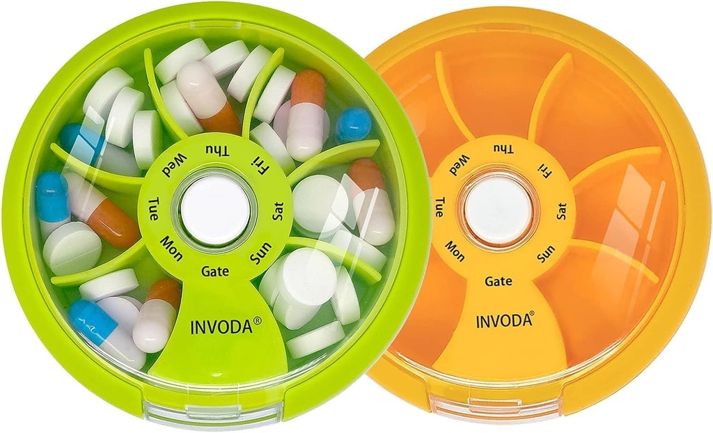 Pill Organizer Small Pill Case 7 Day Portable Travel Pill Box Cute Daily Pill Container for Medicine Fish Oil Complements Vitamine Case (Green+Orange)