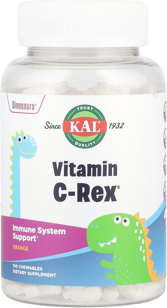 KAL C-Rex Chewable Vitamine C pour les enfants, supplément de soutien immunitaire avec des bioflavonoïdes de Rose HIPS, Rutin & Acerola, Tasty Orange, Fructose sans, comprimés à croquer