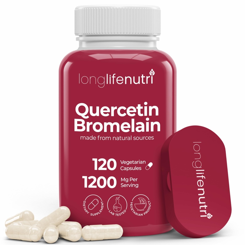 LongLifeNutri Quercetin 1000mg avec Bromelain 200mg - 120 Capsules Végétariennes, Complexe Biologique Dihydraté pour la Mobilité articulaire et l'Equilibre respiratoire, 2-Mois, GMP certifié, Fabriqué aux États-Unis