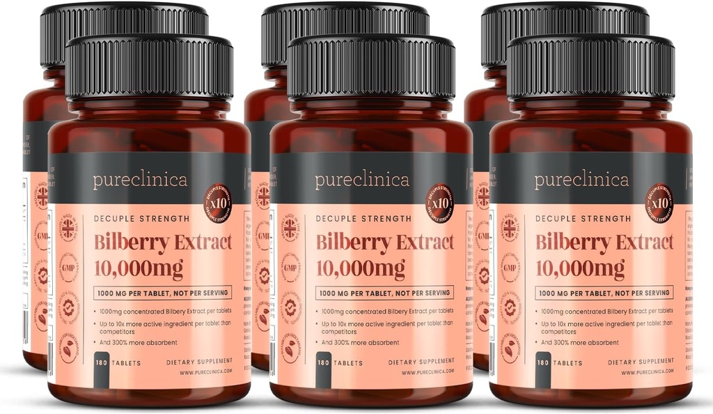purclinica Extrait de bilberry 10 000mg x 1080 Comprimés (6 bouteilles de 180) - 10 X Autres anthocyanidines