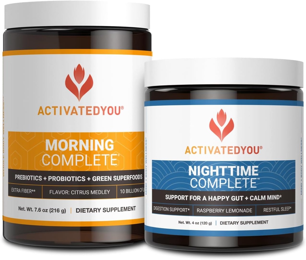 ACTIVATEDYOU Matin Complete Prébiotiques, Probiotiques et Green Superfoods (Citrus Medley) et Nighttime Complete, Ashwaghanda (Lémonade aux framboises), 30 portions