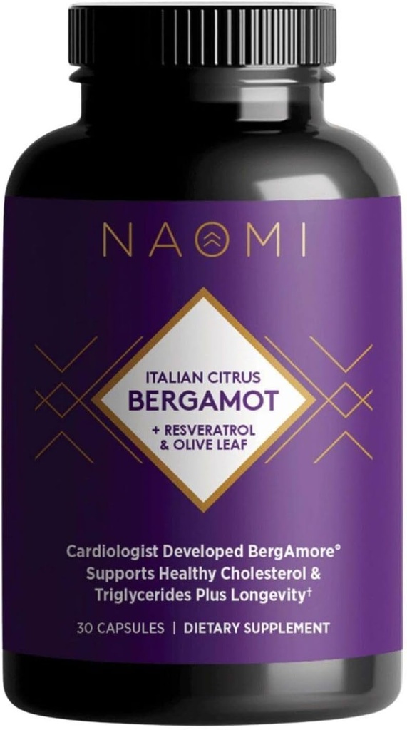 NAOMI Italien Citrus Bergamot 500mg + Resveratrol, Cardiologue primé Dvlpd, soutient le cholestérol normal et la fonction cellulaire saine, 7 Polyphénols clés, Resveratrol & Olive Leaf, 30 jours de réserve