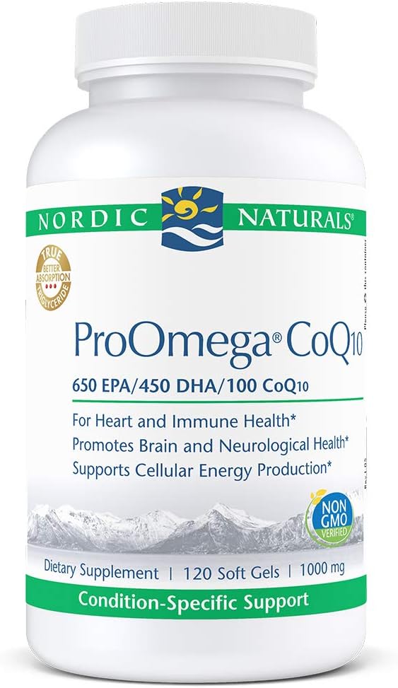 Nordic Naturals ProOmega CoQ10 - Huile de poisson, 650 mg EPA, 450 mg DHA, 100 mg CoQ10, favorise la santé neurologique et la production d'énergie cellulaire*, 120 gels mous