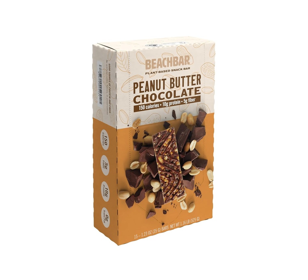 BODi BEACHBAR Chocolat au beurre d'arachide à base végétale – Barre de snack végétalien riche en protéines, sans gluten, faible indice glycémique, 10g de protéines, 150 calories, 15 barres par boîte