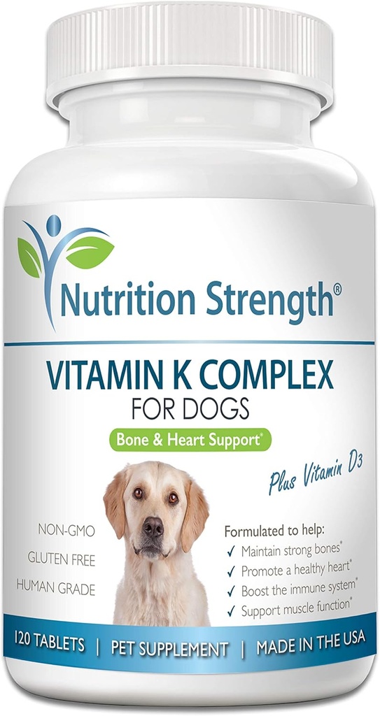 Vitamine K pour chiens, Vitamines K1 & K2 (MK4 & MK7) + Vitamine D3, aider à maintenir des os forts, promouvoir le coeur sain, stimuler le système immunitaire, soutenir la fonction musculaire, 120 comprimés à croquer