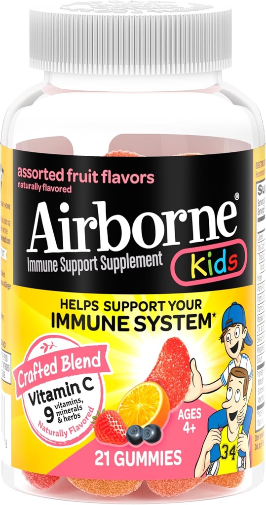 Vitamine C aéroportée 500mg (par portion) Gummées aromatisées de fruits assorties pour enfants (21 Compter dans une bouteille), Supplément de soutien immunitaire sans gluten avec des vitamines A C E, Sélénium, Echinacea & Ginger