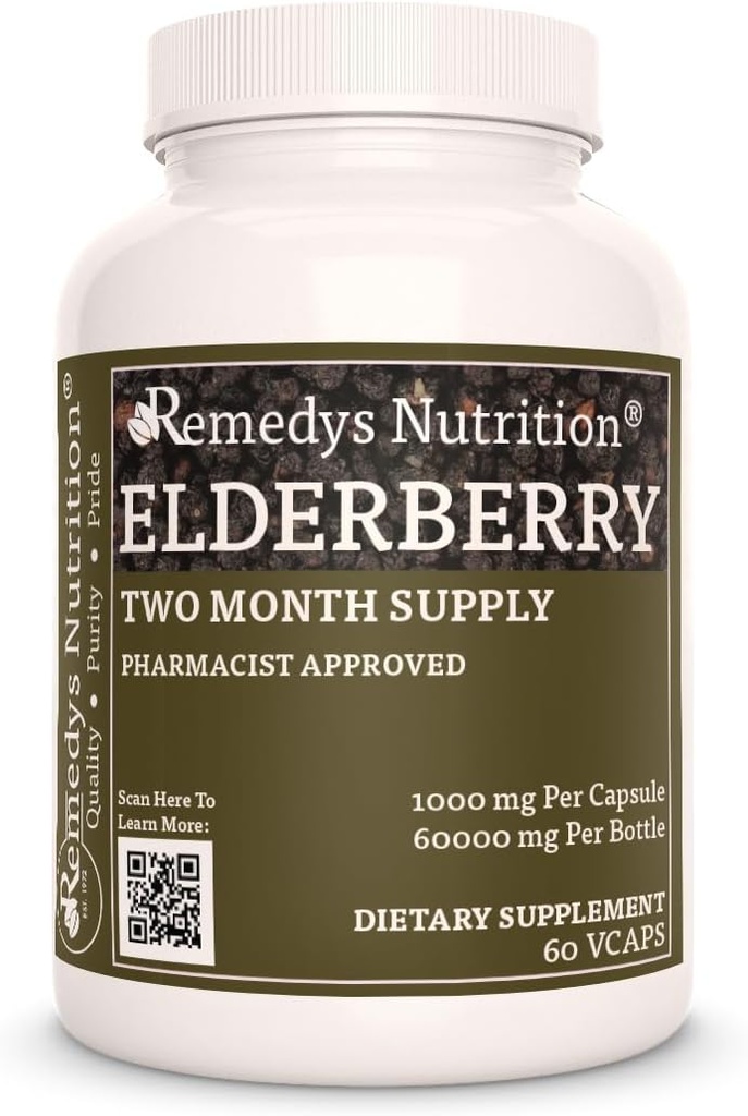 Remèdes Nutrition Elderberry $ 1 000 mg, 60 Capsules de végétaliens Complément alimentaire à base de plantes $ Approvisionnement de deux mois