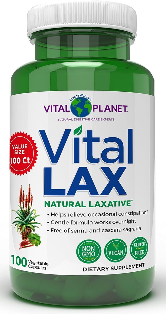 Vital Planet - Vital Lax Natural Laxative Cleanse Supplément pour la constipation occasionnelle, avec hydroxyde de magnésium, orme de sliptery, Aloe et Triphala pour soutenir la régularité Bowel 100 capsules