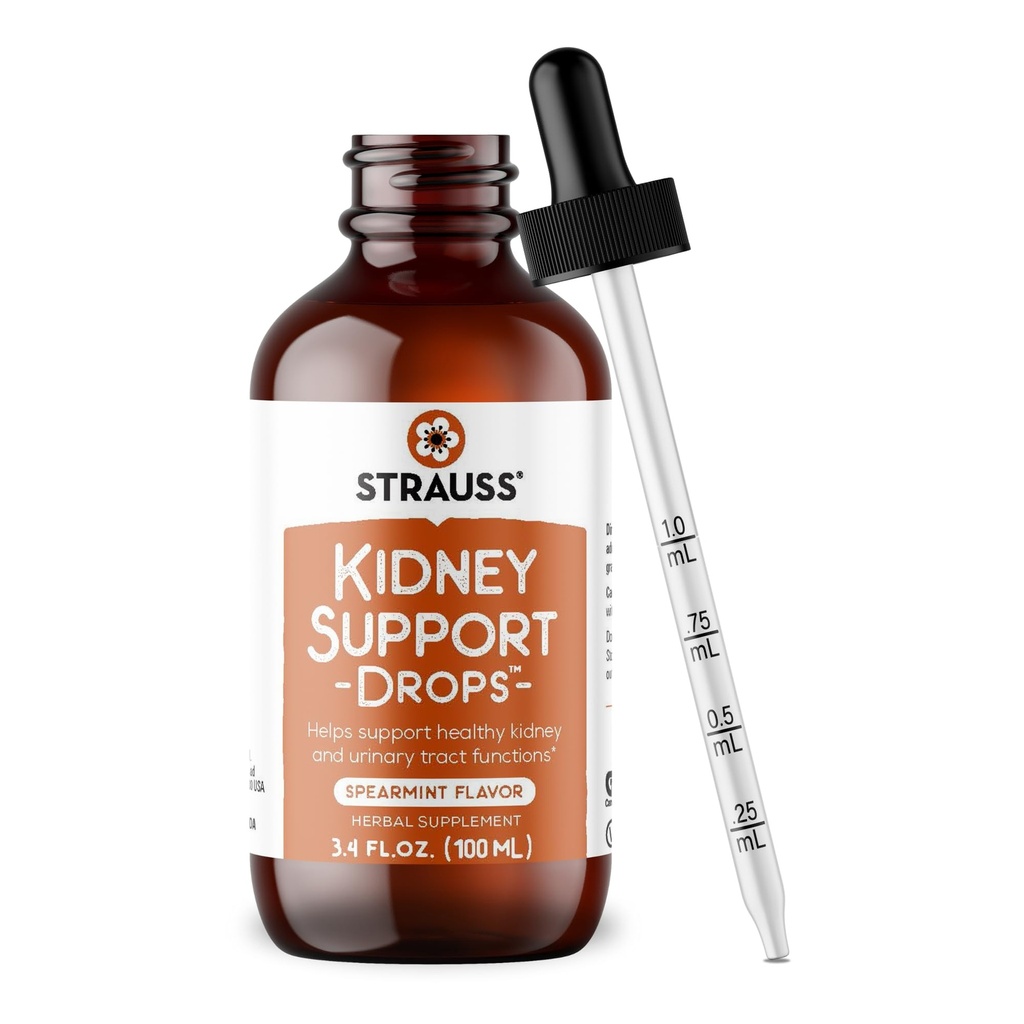 Strauss Naturals gouttes de soutien au rein – supplément de soutien au rein à base de plantes pour les hommes et les femmes – aide à la santé rénale et à la fonction de tract urinaire – végétalien et non-OGM – aromatisé Spearmint – flacon de 100 ml
