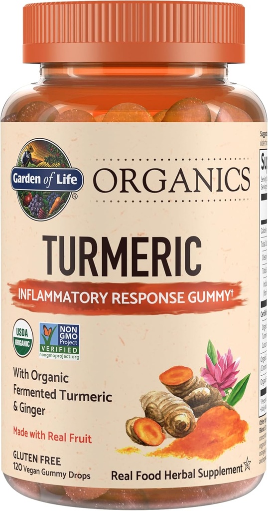Garden of Life Organics Turmeric Inflammatory Response Gummy - 120 Gummes de fruits réels pour les enfants et les adultes, 50Mg Curcumin (95% Curcuminoïdes), Non ajouté sucre, biologique, non-OGM, végétalien et sans gluten
