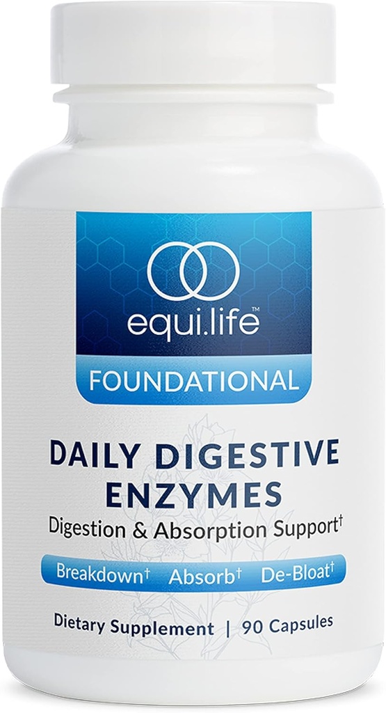 Equilife Supplément quotidien enzymatique digestif avec bromélaine, lactase et lipase, soutient la digestion des protéines, fibres, glucides et graisses, sans gluten, végétalien, non OGM, 90 capsules