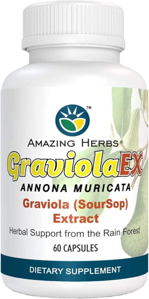 Herbes étonnantes GraviolaEX Anona Muricata - 100% Graviola pure (Soursop) Extrait, santé naturelle de la forêt de pluie, supplément alimentaire à base de plantes - 60 comtes (paquet de 1)