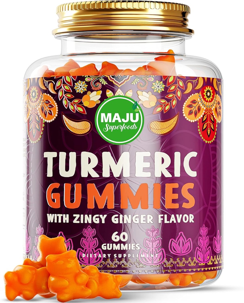 Maju Superfoods Turmeric Curcumin Gummies 60ct, Zingy Ginger Taste, Black Pepper Extract for Enhanced Absorption and Potency, Turmeric Gummies for Adults and Kids