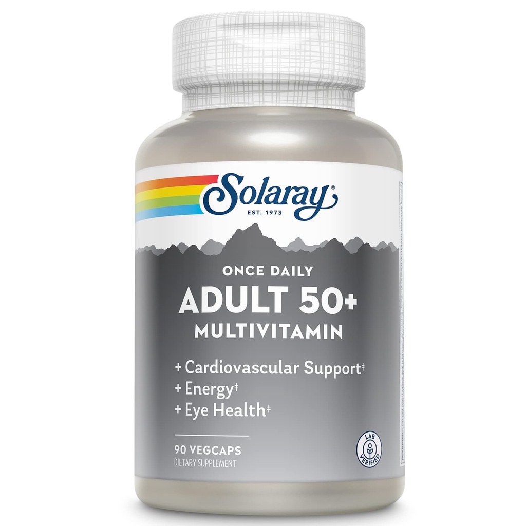 Solaray Une fois par jour Adulte 50+ Multivitamine complète pour les femmes et les hommes, Vitamines essentielles et minéraux chélatés pour l'énergie saine, le cœur, le cerveau et le soutien immunitaire, avec CoQ10 & Lutein, sans fer, 90 VegCaps