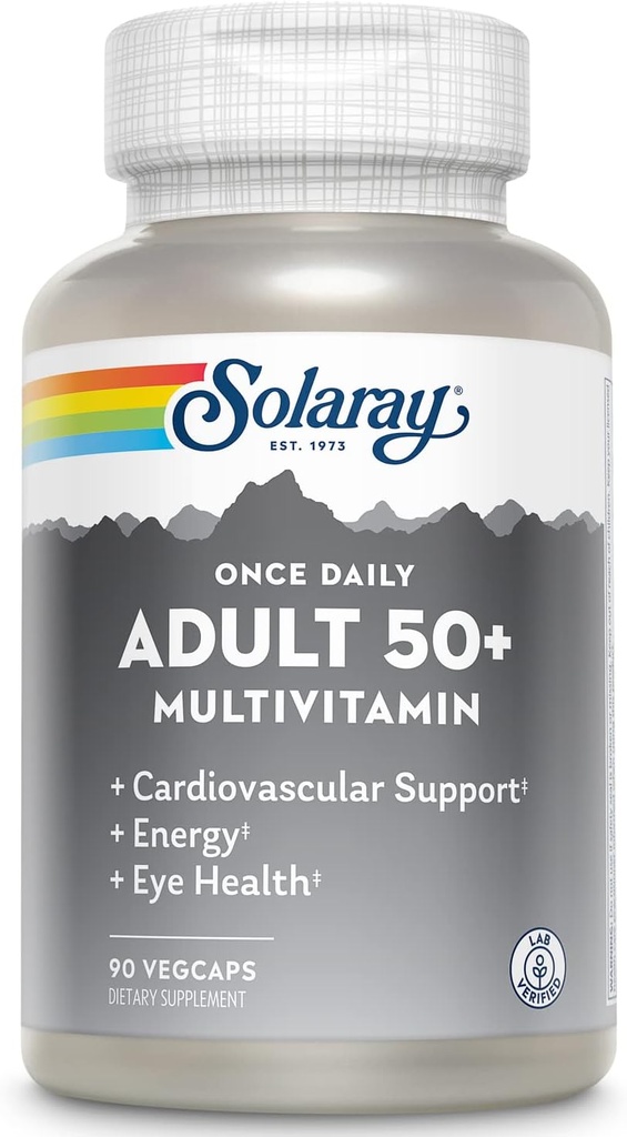Solaray Une fois par jour Adulte 50+ Multivitamine complète pour les femmes et les hommes, Vitamines essentielles et minéraux chélatés pour l'énergie saine, le cœur, le cerveau et le soutien immunitaire, avec CoQ10 & Lutein, sans fer, 90 VegCaps