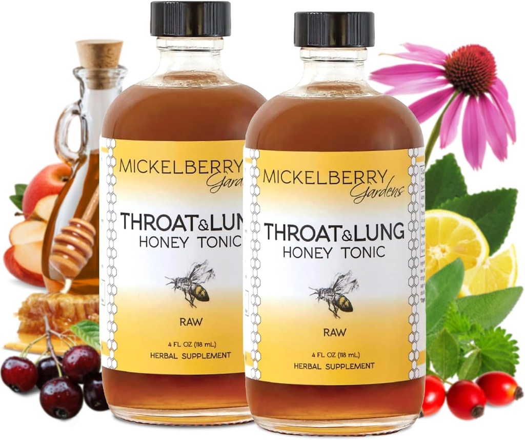 Mickelberry Gardens Throat & Lung Honey Tonic: Wellness Sirop, Natural Sore Throat Relief, Immune Support & Toux Suppressant pour les adultes et les enfants (4 oz, 2 pack)