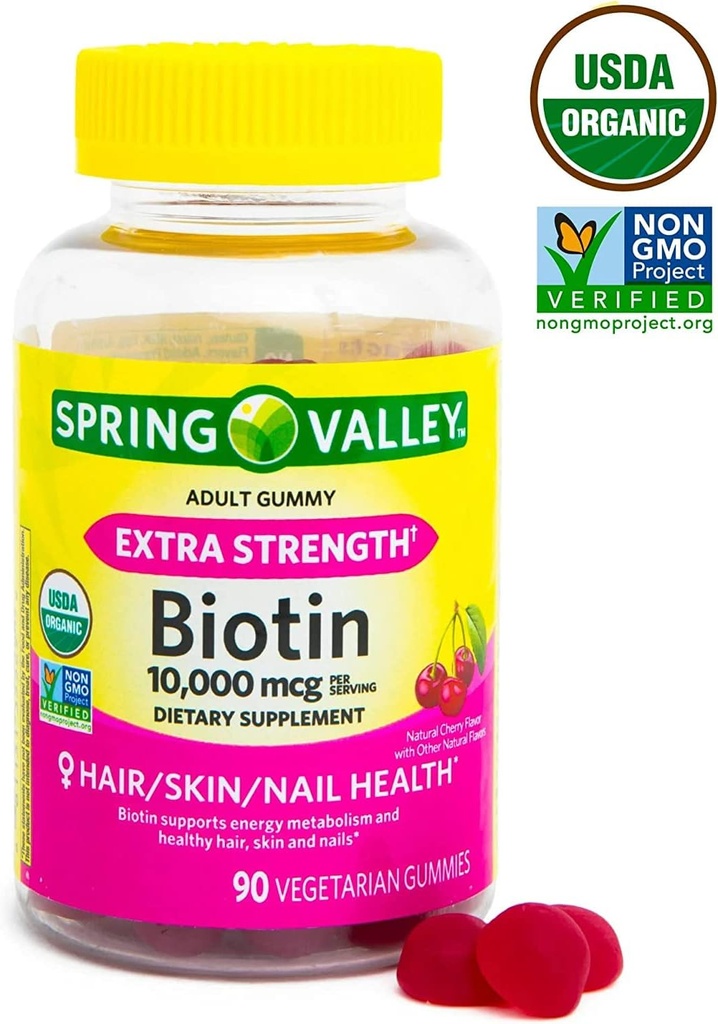 Spring Valley Biotin 10 000mcg Supplément Gummy végétarien, 90ct +Better Guide Suppléments de vitamines