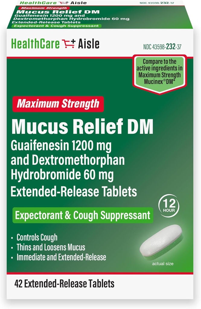 HealthCareAisle Guaifenesin 1200 mg Dextromethorphan Hydrobromide 60 mg Extended Release Tablets - 42 Count - Mucus Relief Expectorant and Cough Suppressant Formulated for Chest Congestion Relief