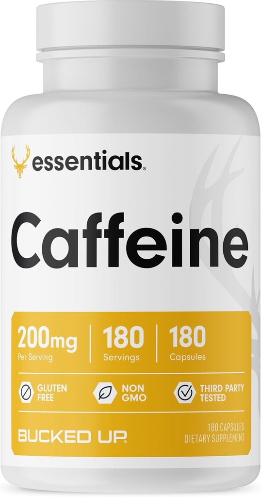 Coffeine coupée 200mg par portion, Essentiels (180 portions, 180 capsules)