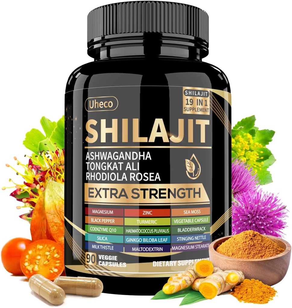 Supplément Shilajit avec la mousse de mer, Ashwagandha, Tongkat Ali - Shilajit Pure Himalaya Capsules d'acide fulvic organique - 90 Compte