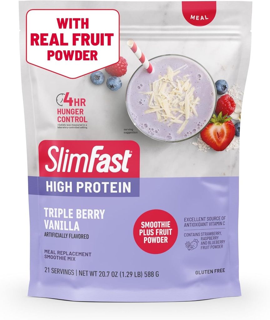 Mélange de smoothie à haute teneur en protéines SlimFast plus poudre de fruits, poudre de substitut de repas à haute teneur en protéines, fibre, vitamine C, 21 portions, 1,29 livre, triple baie Vanille (paquetage mai Vary)
