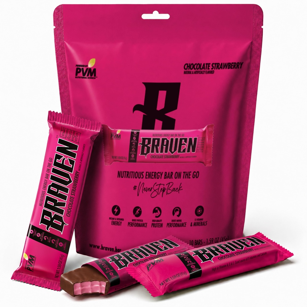 Barres d'énergie à la fraise au chocolat de Braven Bar (1,59 oz, paquet de 10) – Bouchées d'énergie avec 5g de protéines – collations d'énergie sur le trajet pour la course, la randonnée et le sport - collations sans gluten pour stimuler l'énergie durable