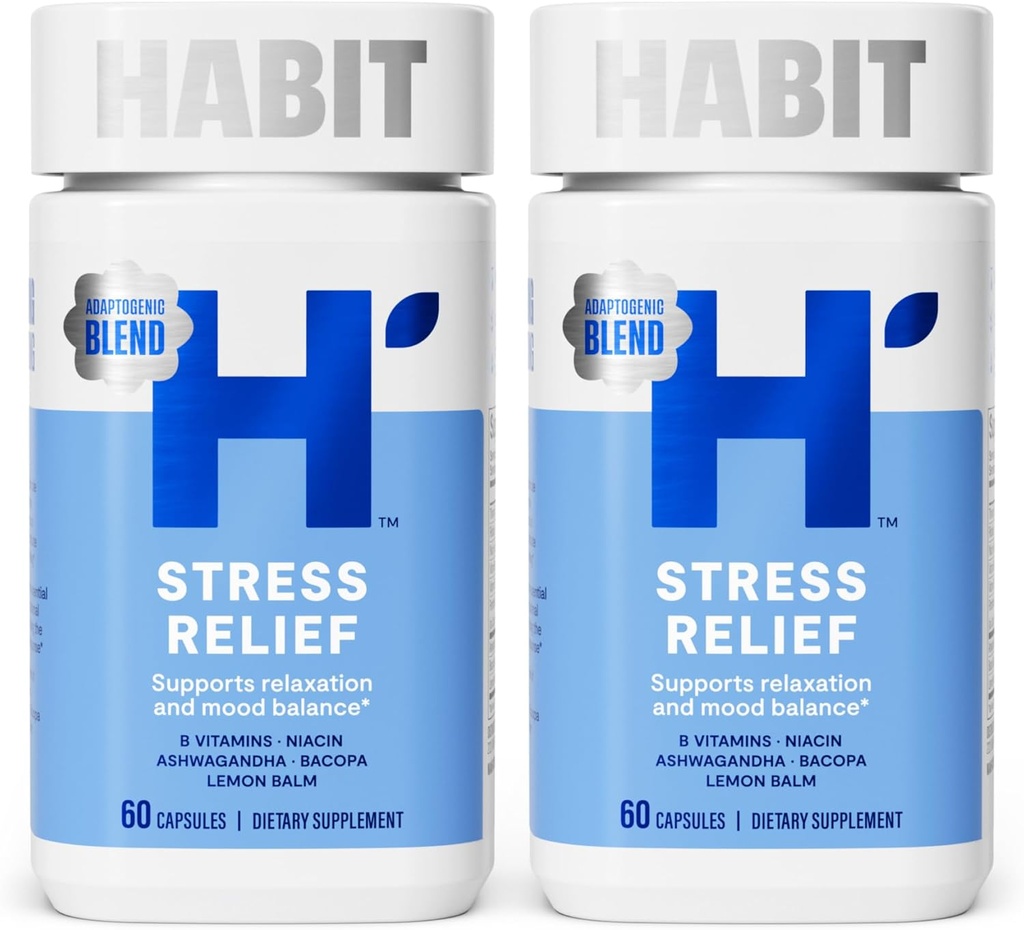 Habit Stress Relief Supplement 2 Pack (120 Capsules) - Nouveau look, soutient la relaxation et l'équilibre de l'humeur, vitamine B, adaptogènes, baume de citron, calmant, végétalien, non-OGM