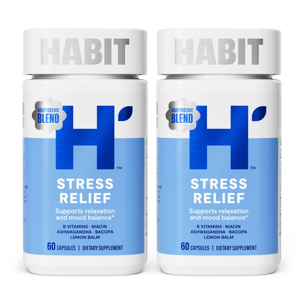 Habit Stress Relief Supplement 2 Pack (120 Capsules) - Nouveau look, soutient la relaxation et l'équilibre de l'humeur, vitamine B, adaptogènes, baume de citron, calmant, végétalien, non-OGM