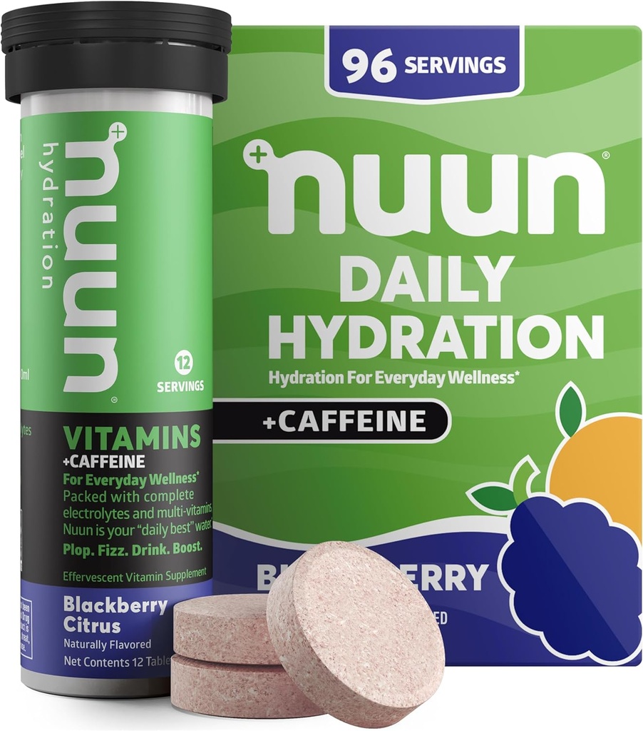 Vitamines Nuun + comprimés électrolytiques de caféine avec vitamine D, C, E, A et B6, acide folique, magnésium et 4 autres électrolytes essentiels, sans gluten et végétalien, agrumes de mûre, 8 paquets (96 portions totales)
