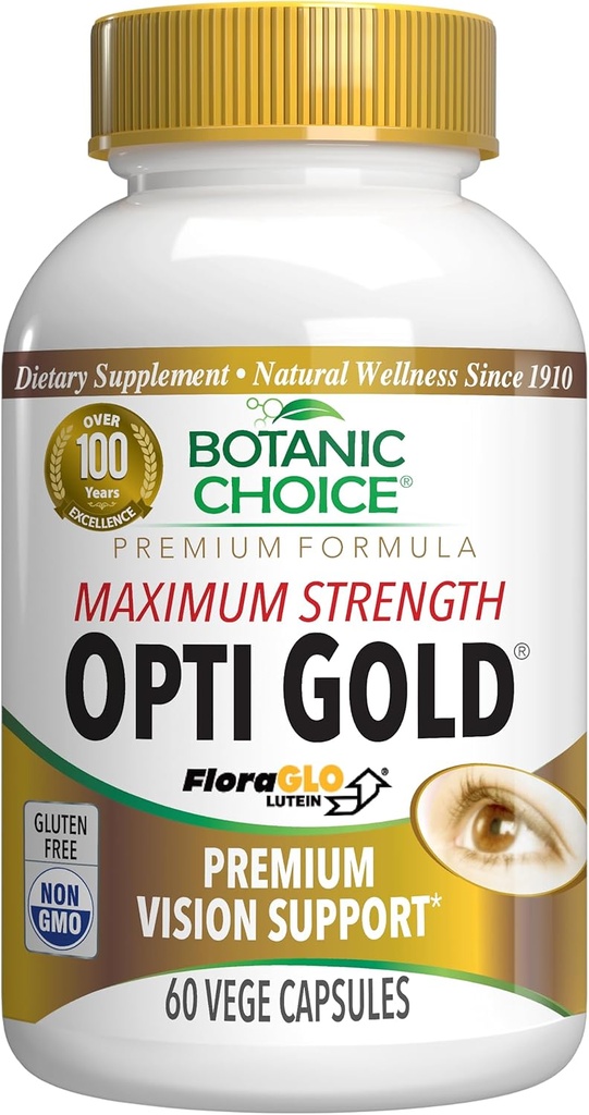 Botanic Choice Maximum Strength Opti Gold Vision Eye Health Support Supplement for Overall Eyesight Health for Men & Women - Taurine, Vitamine A, Lutéine, Bilberry, Alpha Lipoic Acid (60 Capsules)