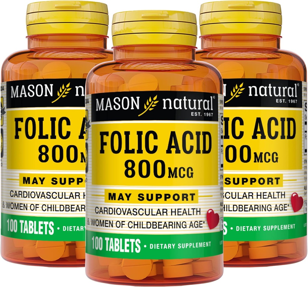 MASON NATURAL Folic Acid 800 mcg - Aide la fonction du système nerveux, Supplément quotidien pour la santé, l'humeur et les soins prénatals, pour les femmes en âge de procréer, 100 comprimés (paquet de 3)