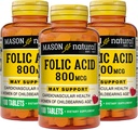 MASON NATURAL Folic Acid 800 mcg - Aide la fonction du système nerveux, Supplément quotidien pour la santé, l'humeur et les soins prénatals, pour les femmes en âge de procréer, 100 comprimés (paquet de 3)