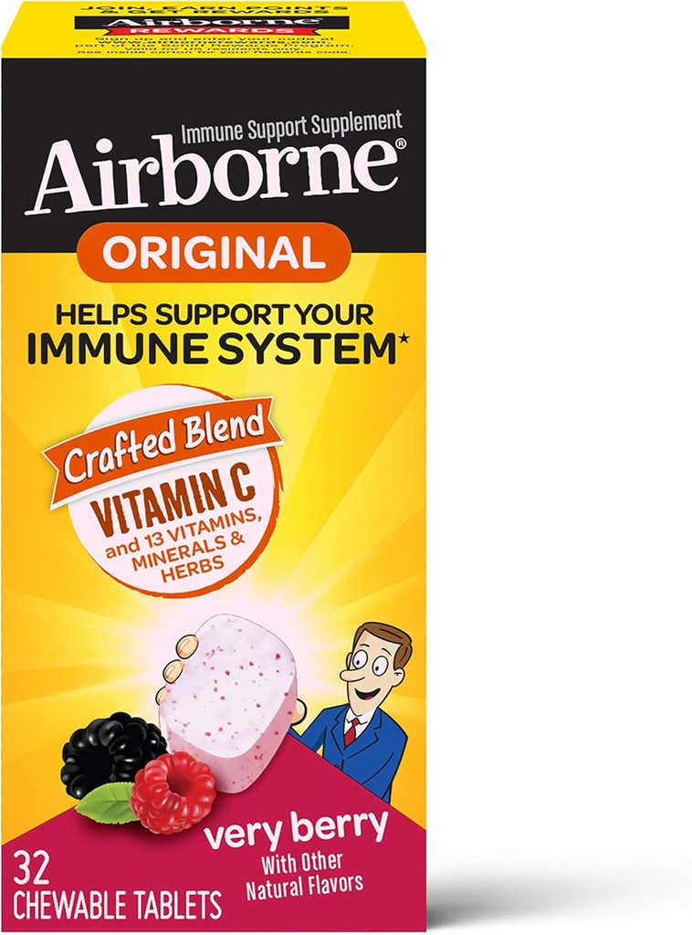 Comprimés à croquer 100 mg de vitamine C avec du zinc, supplément de soutien immunitaire avec des antioxydants puissants Vitamines A C & E - 32 Comprimés à croquer, Saveur très baie