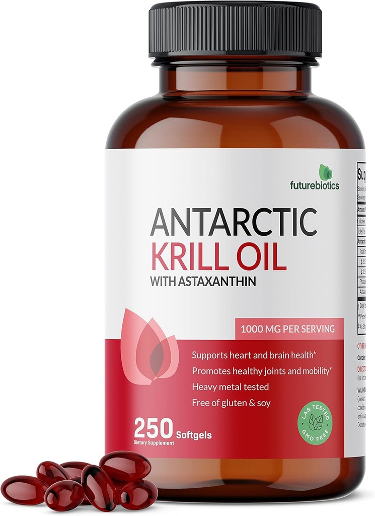 Futuresbiotiques Huile de krill d'Antarctique 1000mg avec Omega-3s EPA, DHA, Astaxanthin et Phospholipides - 100% Pure Premium Huile de krill Métaux lourds testés, non OGM – 250 Softgels (125 portions)