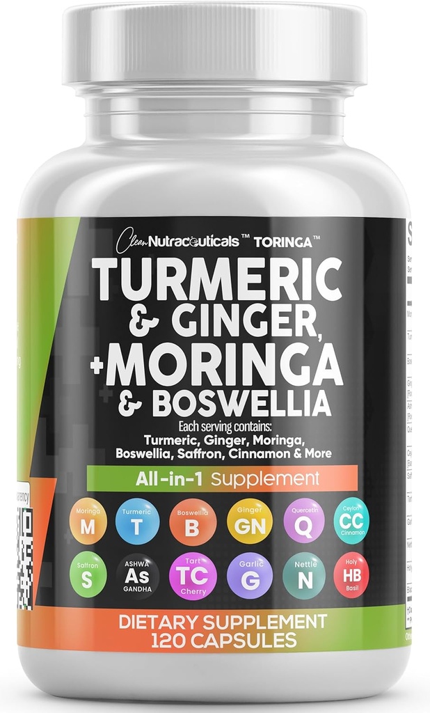 Nettoyer les nutraceutiques Turmeric Moringa Supplément de Ginger Boswellia Safran - Supplément pour les femmes et les hommes avec Ceylan Cinnamon, Tart Cherry, Quercetin Ail Nettle Holy Basil - 1Pack