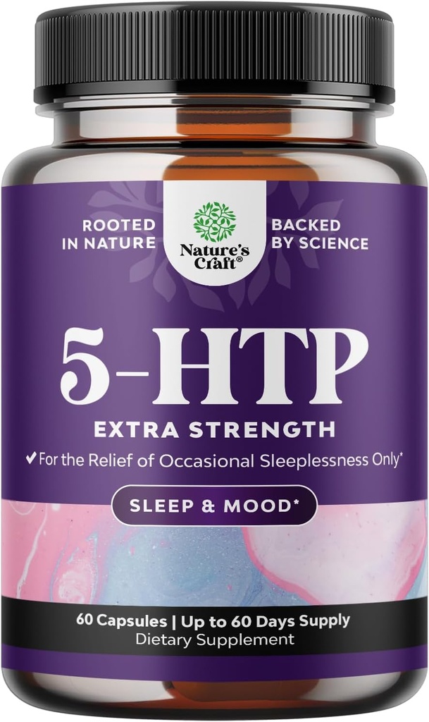 5 HTP Supplement 5-Hydroxytryptophan - 5HTP 100mg per Serving Gentle Herbal Sleep and Mood Enhancer - 5-HTP 100 mg per Serving Mood Supplement and Sleep Support Capsules from Griffonia Simplicifolia