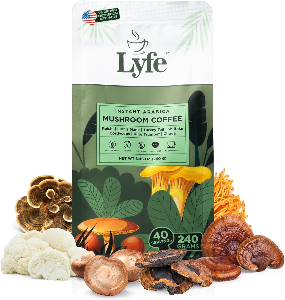 LYFE Organic Instant Mushroom Coffee – Lion’s Mane, Chaga, Cordyceps, Turkey Tail | USA Grown Adaptogenic Mushrooms for Better Energy, Focus, Gut Health, Immunity – 40 Servings