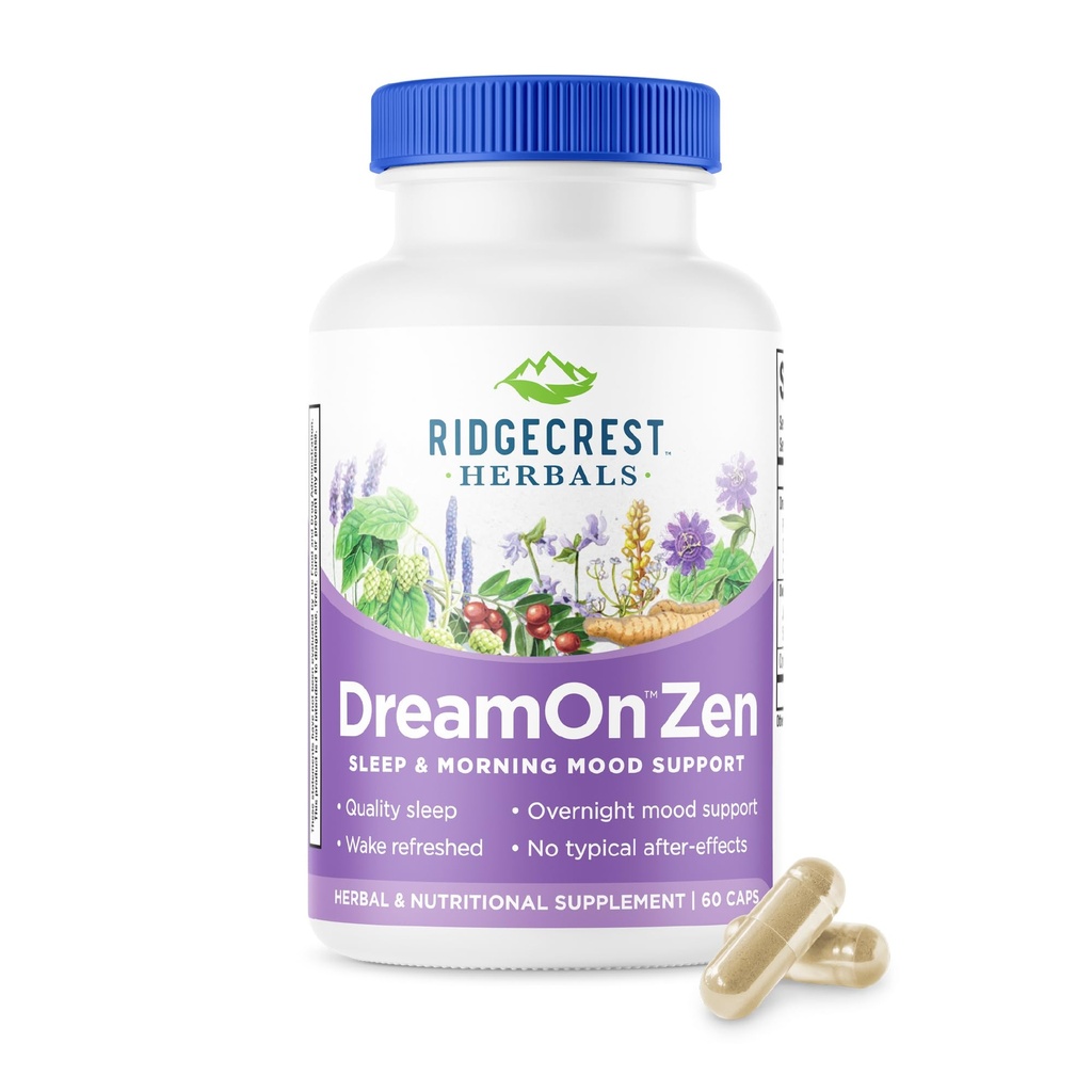 Ridgecrest Herbals DreamOn Zen, Supplément Sleep Support, Sans Melatonine, Magnésium, 5-HTP, Lavande, Camomille, Valérien, Baume de citron pour adultes et enfants 12+ (60 Caps, 30 Servir)