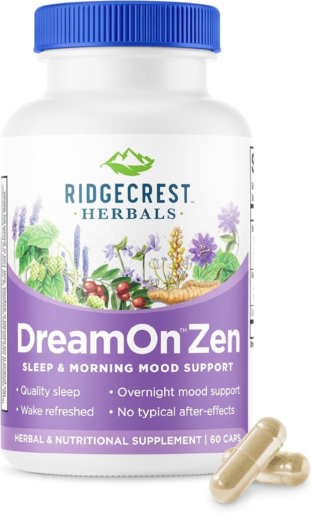Ridgecrest Herbals DreamOn Zen, Supplément Sleep Support, Sans Melatonine, Magnésium, 5-HTP, Lavande, Camomille, Valérien, Baume de citron pour adultes et enfants 12+ (60 Caps, 30 Servir)