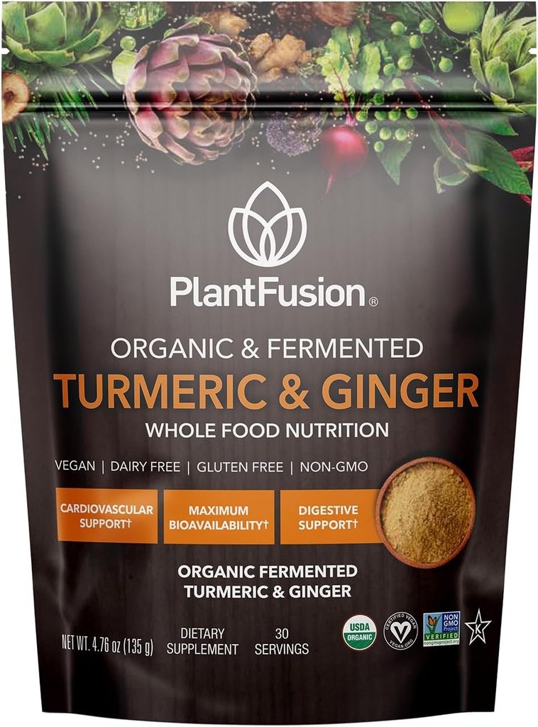Mélange de curcuma et de gingembre de PlantFusion - Alimentation entière fermentée, supplément à base de plantes poudre avec Curcuminoides - USDA certifié biologique, non-OGM, végétalien, sans gluten, 4,76 oz 30 portions